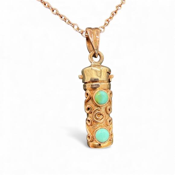 Natural Turquoise Copper Prayer Box Pendant Necklace 20 inch Chain Handmade - Picture 1 of 8